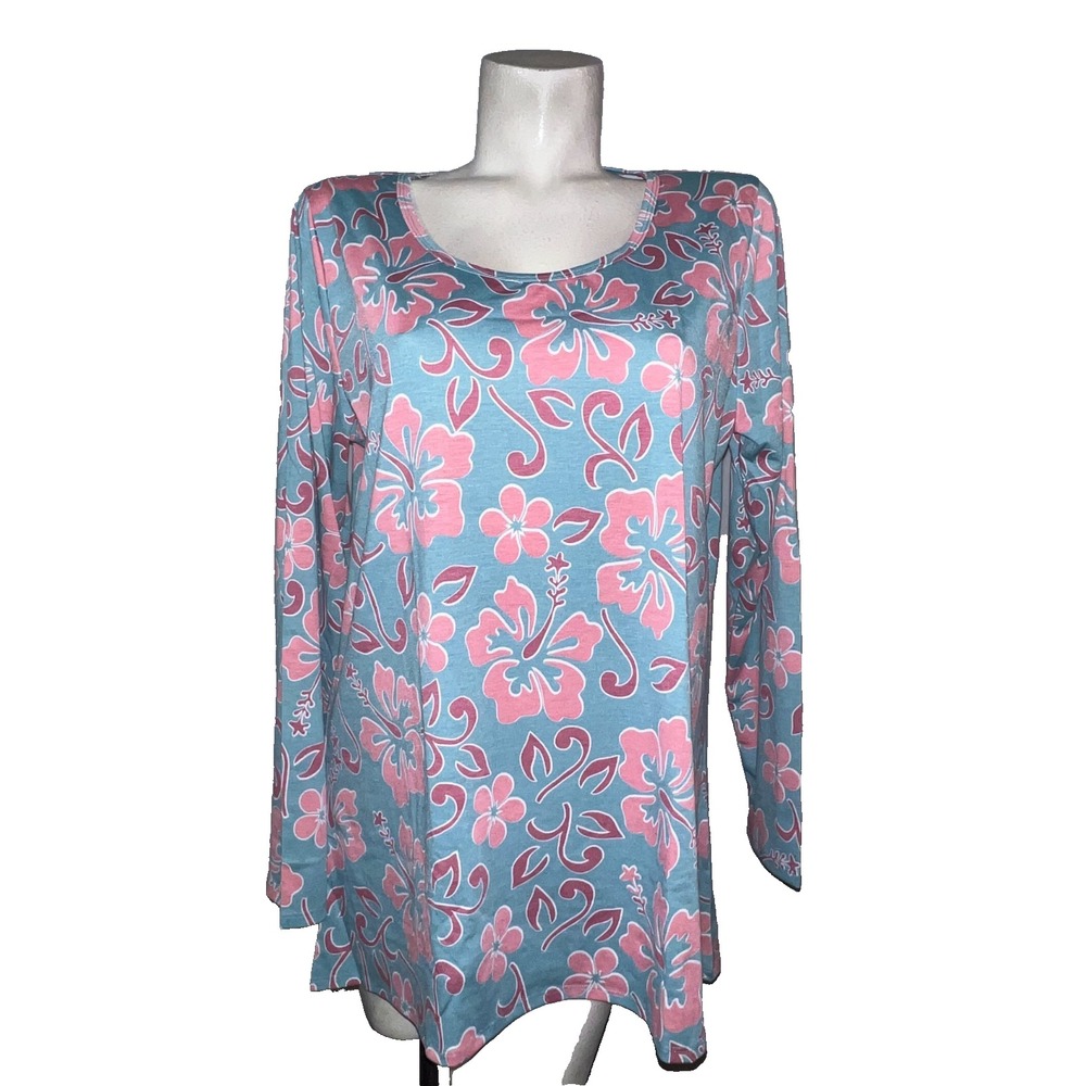 LuLaRoe Lynnae Top 2XL New Womens Pink Teal Tropical Hibiscus Floral Long Sleeve